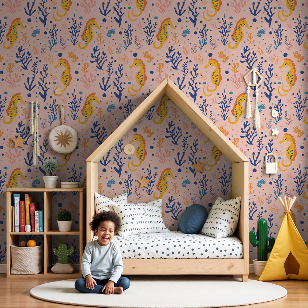 Ocean seahorse mural wallpaper creating magical underwater themed kids bedroom by Kids-Mundo