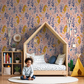 Ocean seahorse mural wallpaper creating magical underwater themed kids bedroom by Kids-Mundo