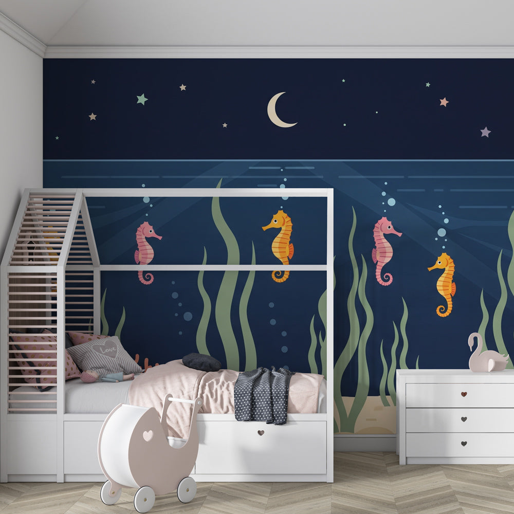 Colorful seahorse mural wallpaper with coral and moon details for baby room by Kids-Mundo