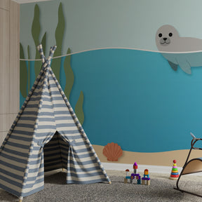 Marine themed seal wallpaper creating underwater atmosphere in kids bedroom