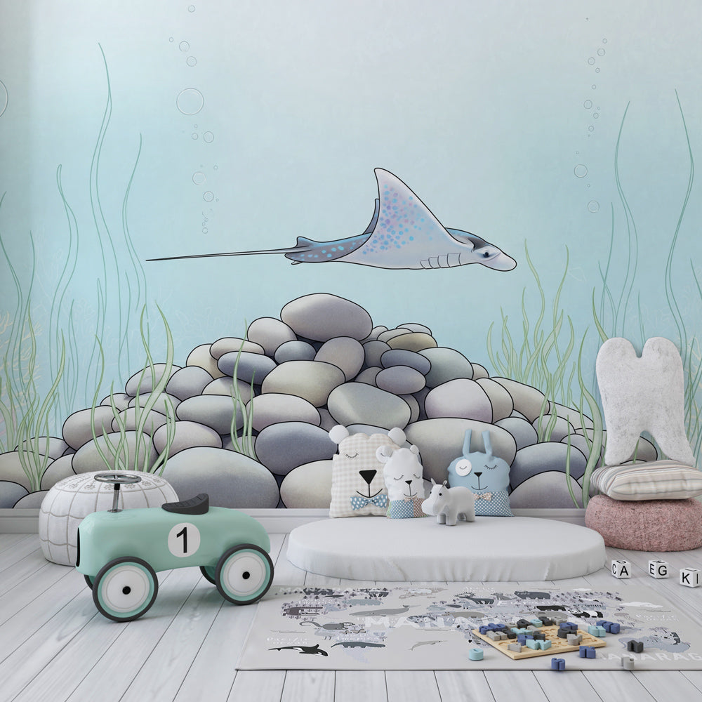 Underwater themed mural wallpaper with stingray for kids playroom by Kids-Mundo