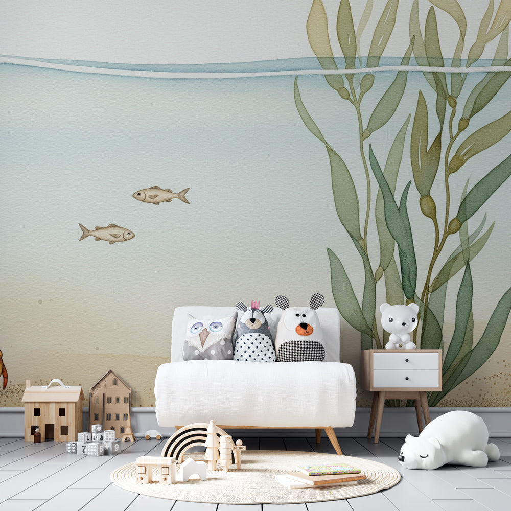 Underwater adventure wallpaper creating calming marine atmosphere in children's bedroom