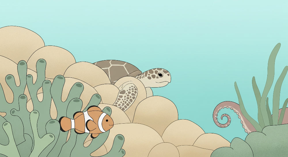 Detailed ocean submarine mural wallpaper design pattern with sea turtle and coral by Kids-Mundo