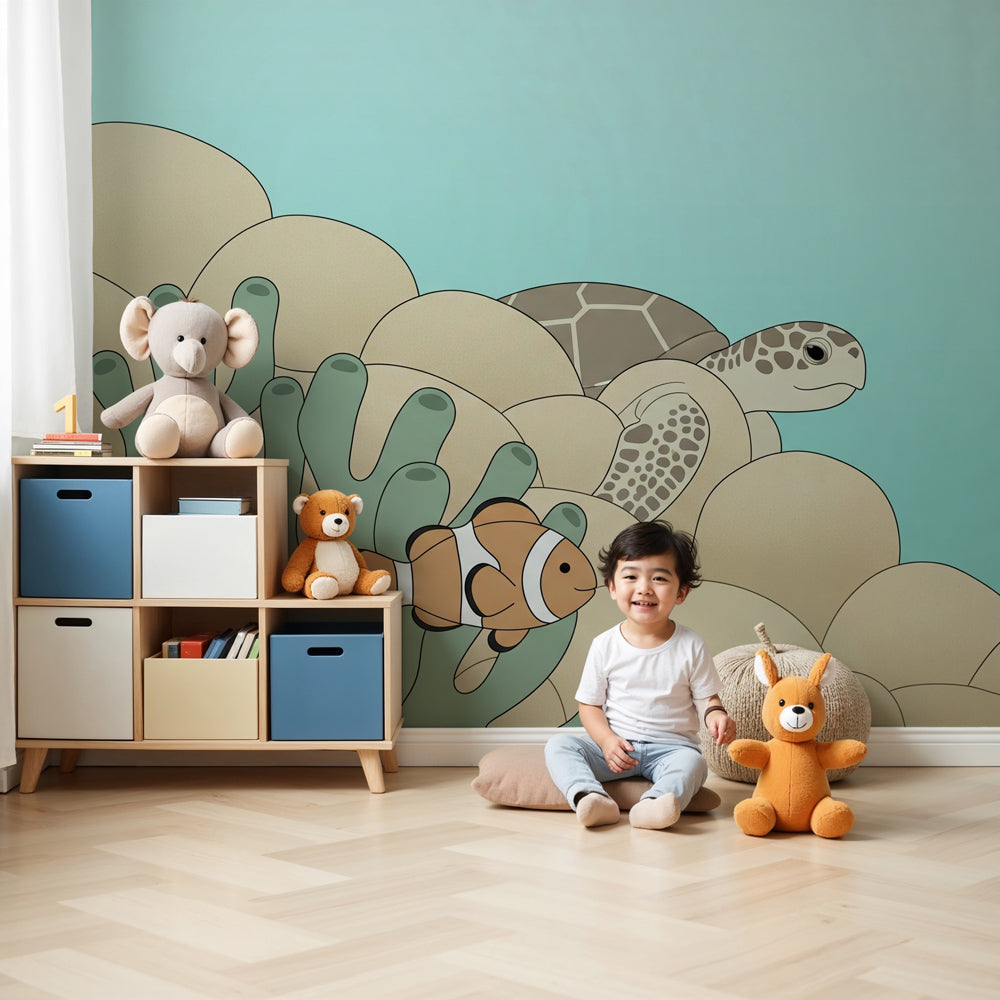 Ocean submarine mural wallpaper with sea turtle and clownfish in modern nursery by Kids-Mundo