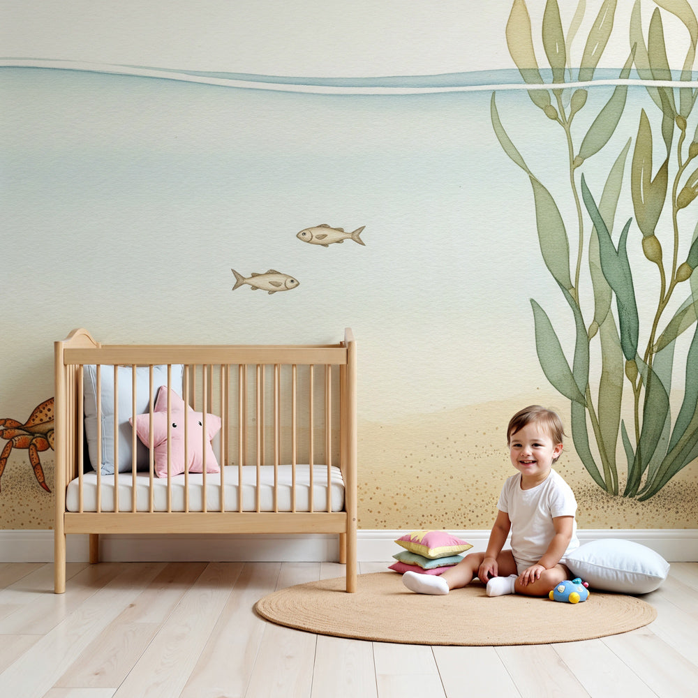 Ocean submarine mural wallpaper in modern nursery with underwater sea life by Kids-Mundo