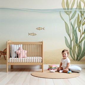 Ocean submarine mural wallpaper in modern nursery with underwater sea life by Kids-Mundo