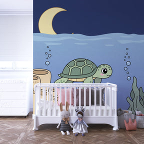 Underwater sea turtle wallpaper transforming baby bedroom into ocean sanctuary