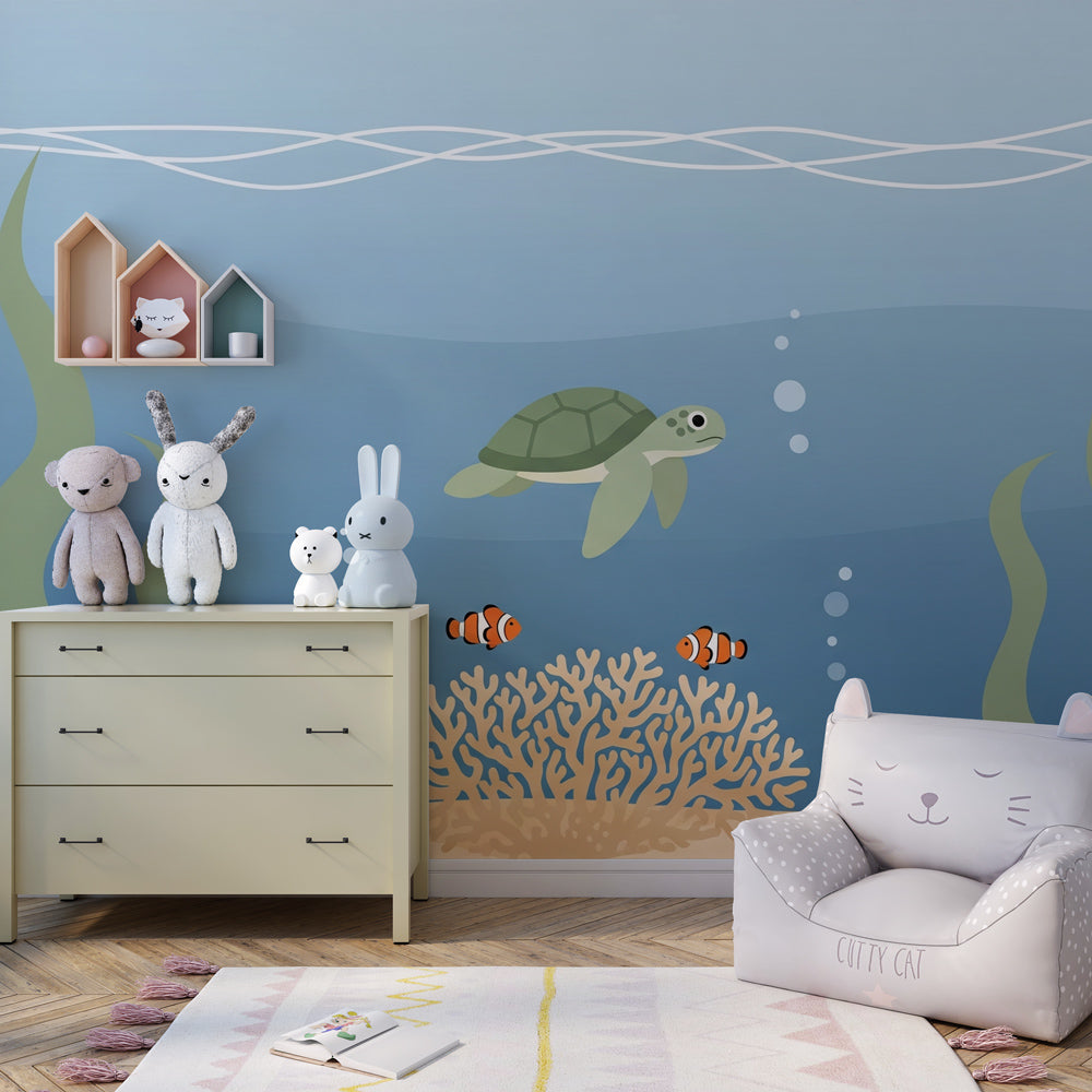 Sea turtle wallpaper creating calming underwater atmosphere in children's bedroom