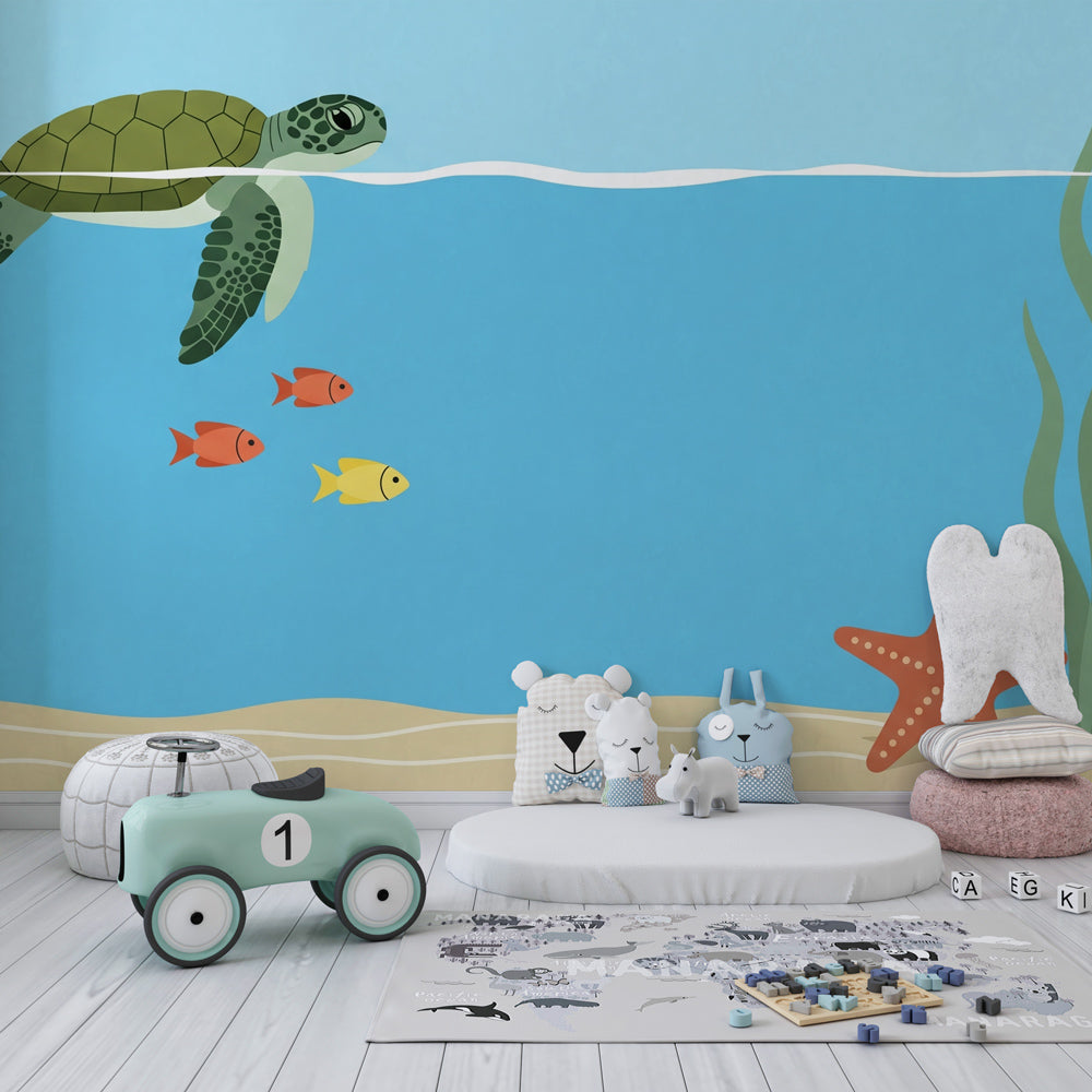 Underwater adventure wallpaper creating serene baby bedroom with sea turtle design