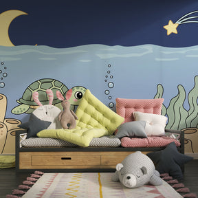 Marine life mural wallpaper with turtle and octopus for kids room by Kids-Mundo
