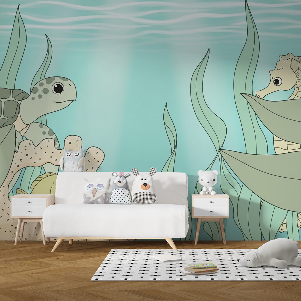 Marine life mural wallpaper featuring turtles and coral reef in modern kids room by Kids-Mundo