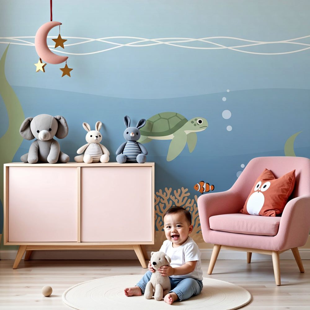 Ocean turtle mural wallpaper in bright nursery with underwater theme by Kids-Mundo