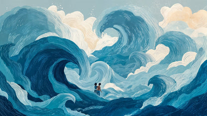 Kids-Mundo flat artwork of bold indigo and teal ocean waves with two small figures