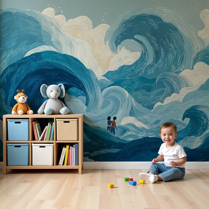 Kids-Mundo bold ocean waves wall mural in a nursery with a cot and navy accents