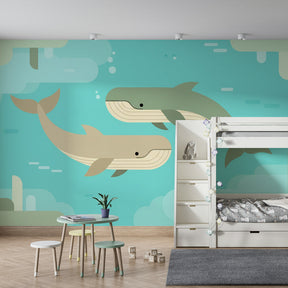 Marine whale wallpaper creating peaceful underwater theme in children's bedroom