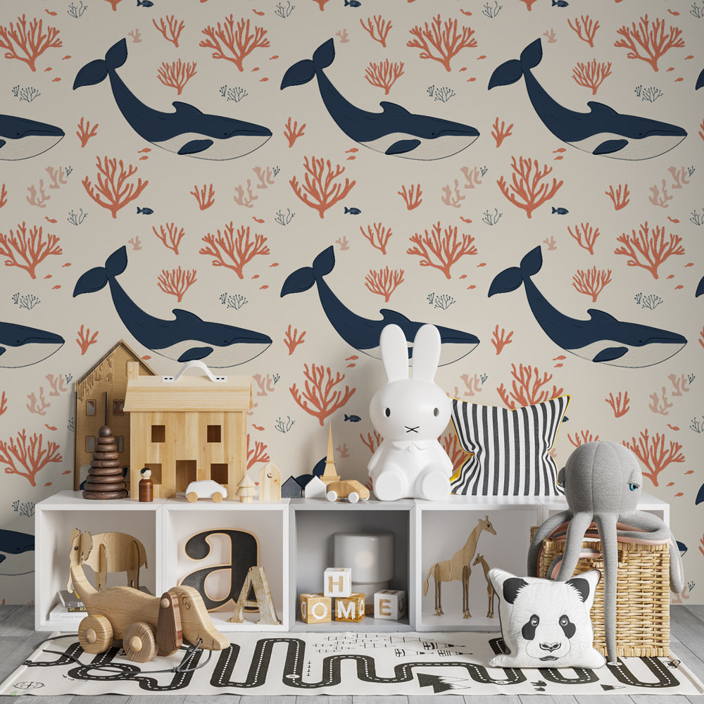 Whale and coral sea life mural wallpaper creating peaceful underwater theme in children's bedroom