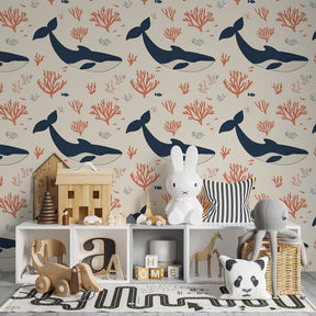 Whale and coral sea life mural wallpaper creating peaceful underwater theme in children's bedroom