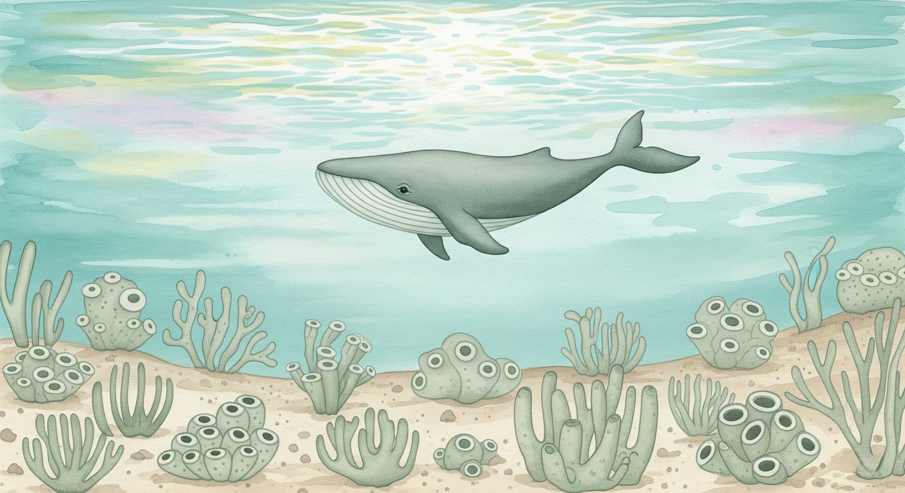 Detailed ocean whale mural wallpaper design pattern with corals and marine plants by Kids-Mundo
