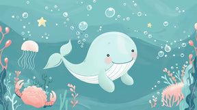 Detailed ocean whale and marine friends mural wallpaper design pattern by Kids-Mundo