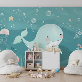 Marine friends wallpaper transforming children's bedroom into underwater paradise