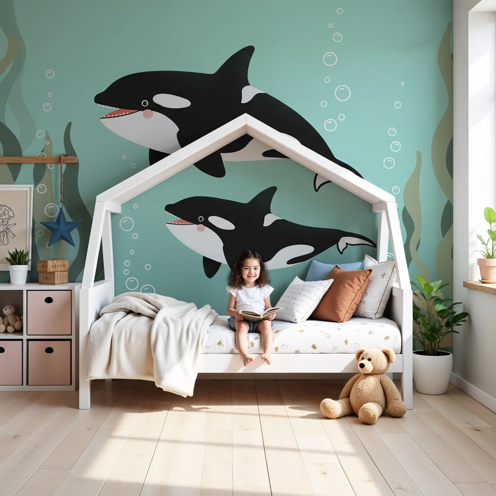 Ocean whale mural wallpaper creating enchanting underwater nursery decor by Kids-Mundo