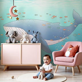 Ocean whale mural wallpaper in modern nursery with underwater theme by Kids-Mundo