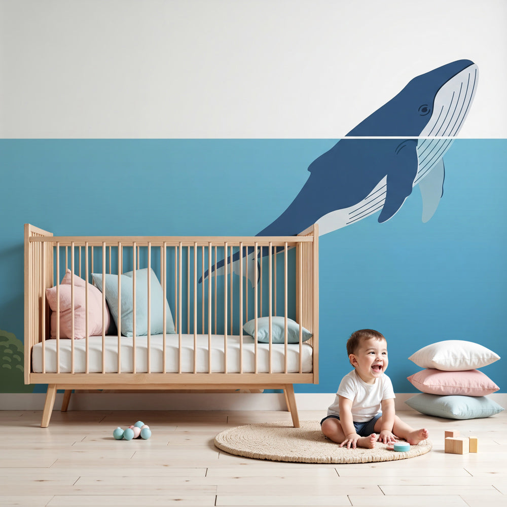 Ocean whale mural wallpaper in modern nursery with coral designs by Kids-Mundo