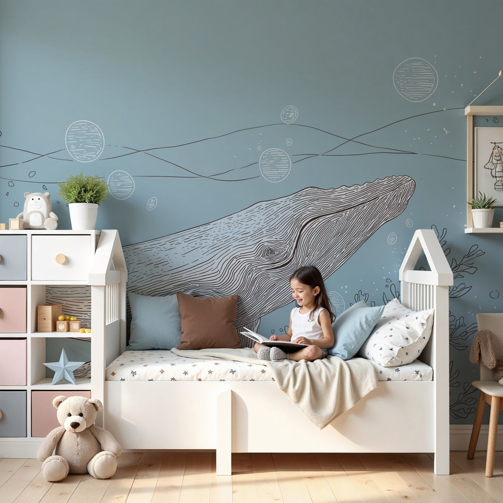 Ocean whale mural wallpaper creating serene underwater nursery decor by Kids-Mundo