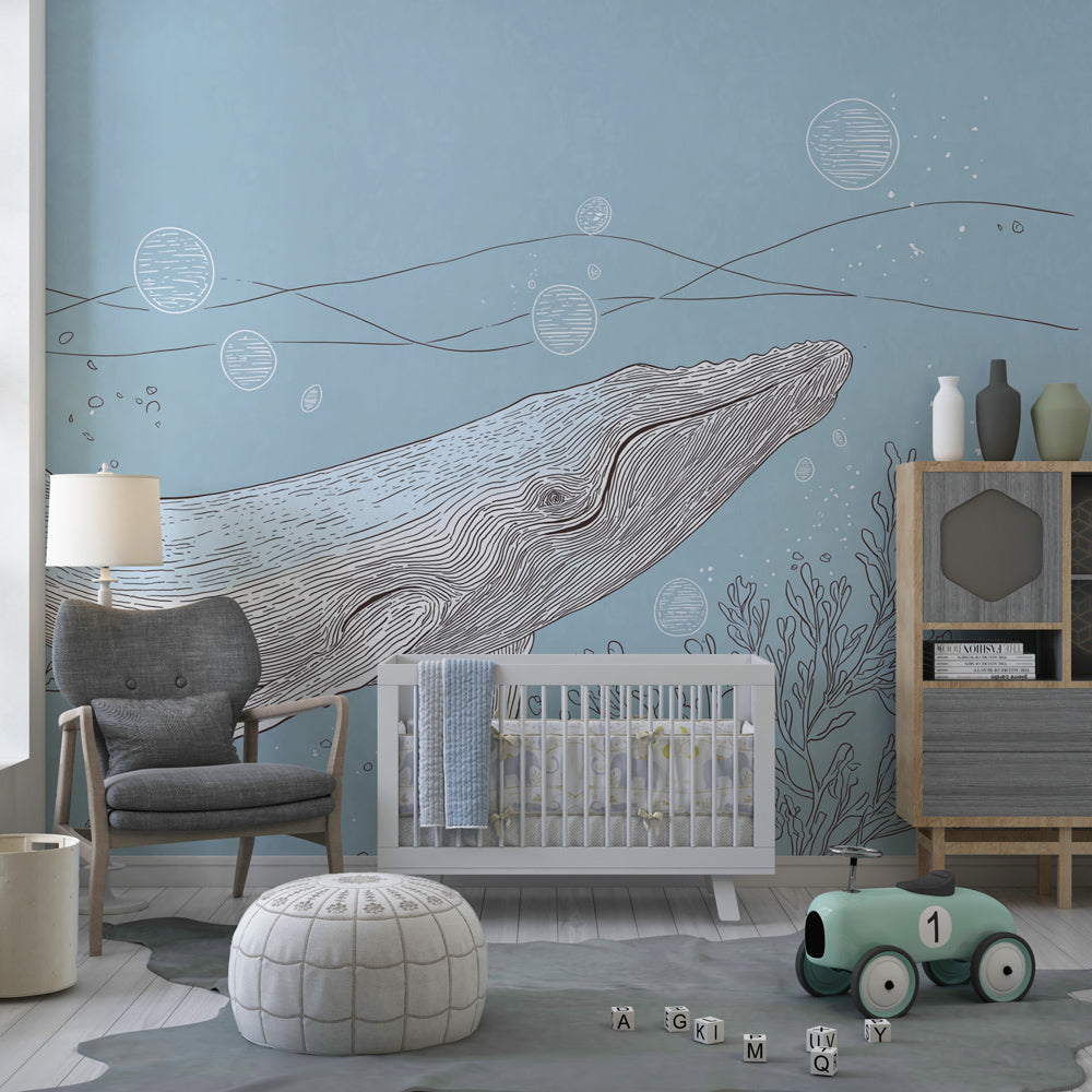 Educational whale mural wallpaper for kids playroom with calming blue ocean theme