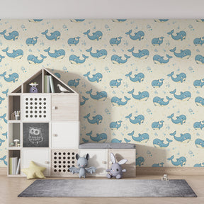 Marine themed whale wallpaper transforming children's playroom into ocean adventure