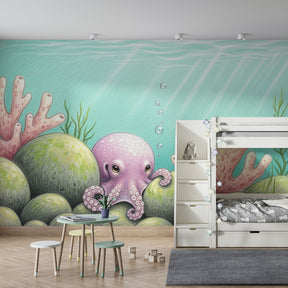 Ocean-themed kids bedroom featuring octopus and coral mural wallpaper design