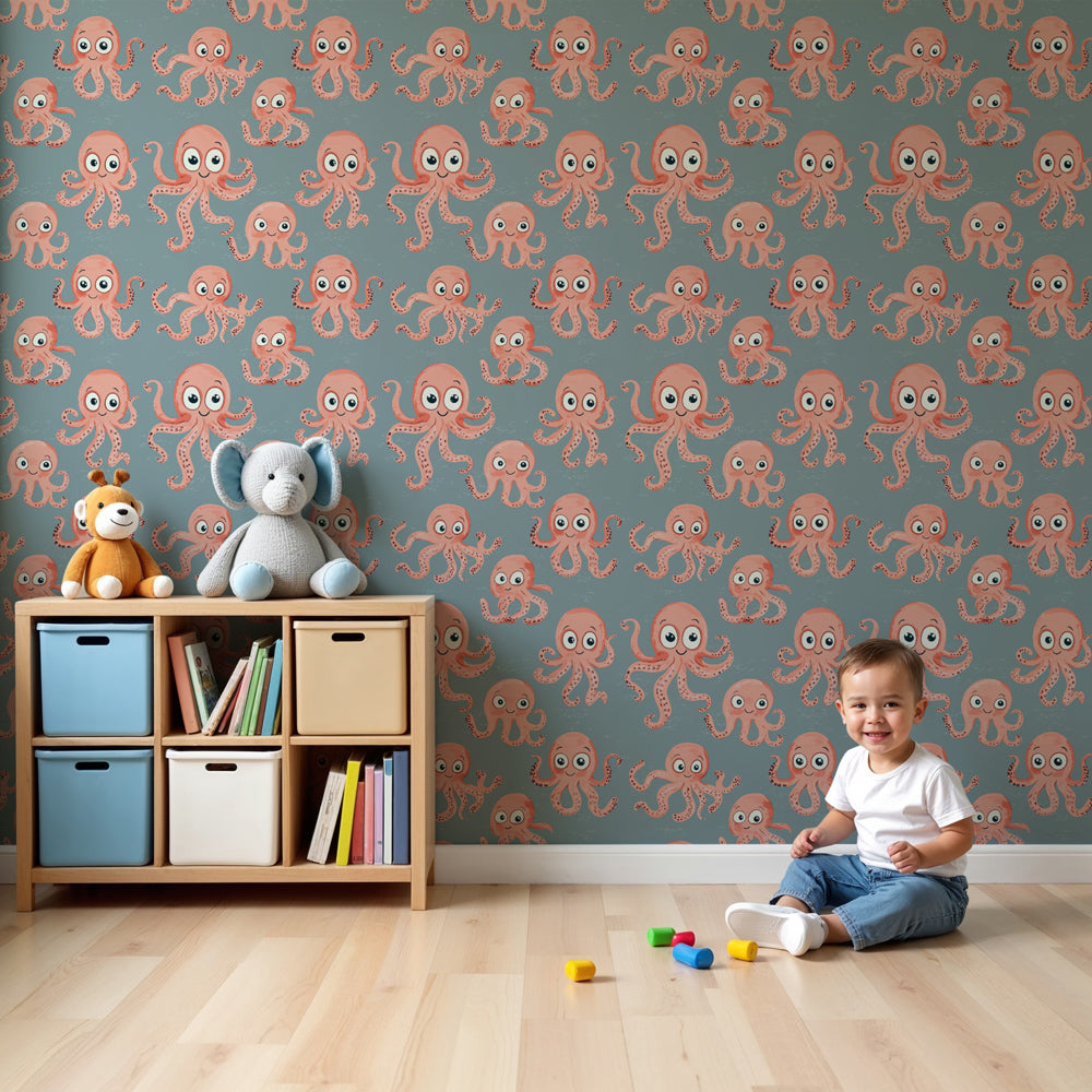 Playful octopus mural wallpaper decorating modern nursery room with soft gray tones by Kids-Mundo