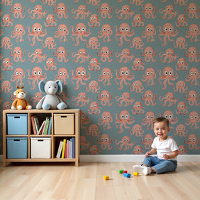 Playful octopus mural wallpaper decorating modern nursery room with soft gray tones by Kids-Mundo