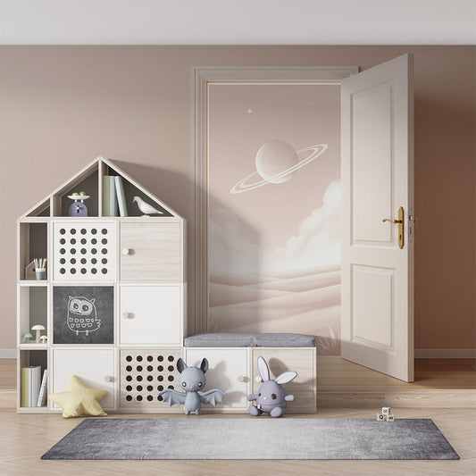 Kids-Mundo desert sky door mural behind a bed in a child's pink-toned bedroom.