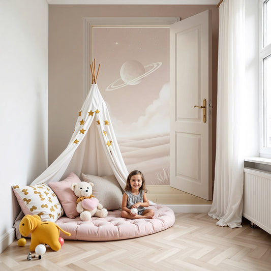 Kids-Mundo open door desert planet wall mural above a cot in a soft pink nursery.