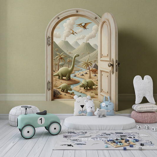 Kids-Mundo dinosaur desert valley wall mural featured on a kids bedroom wall