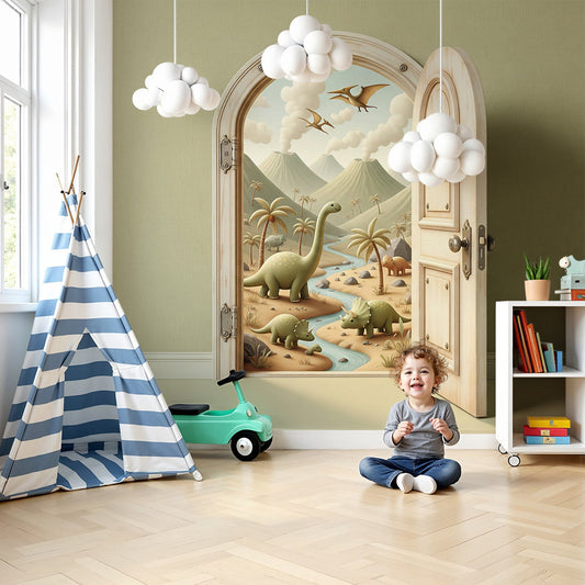 Kids-Mundo open-door dinosaur desert wall mural styled in a calm, gentle nursery room
