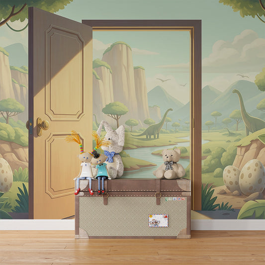 Kids-Mundo open door dinosaur mural on a feature wall in a kids bedroom