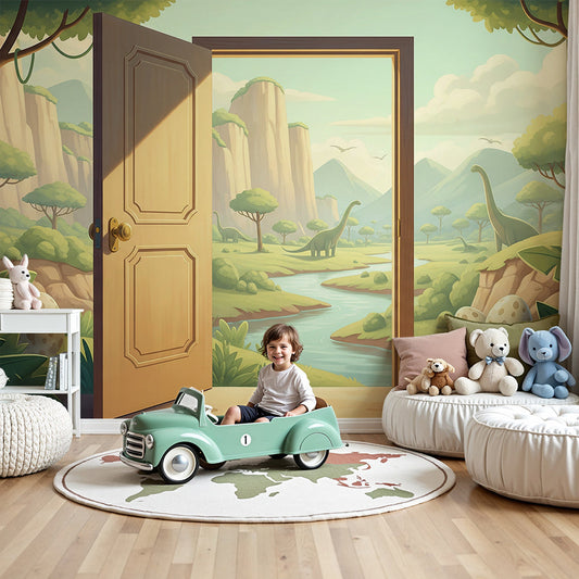 Kids-Mundo dinosaur eggs jungle doorway mural in a warm sunlit nursery room