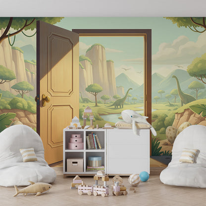 Kids-Mundo dinosaur eggs jungle mural decorating a bright children's playroom