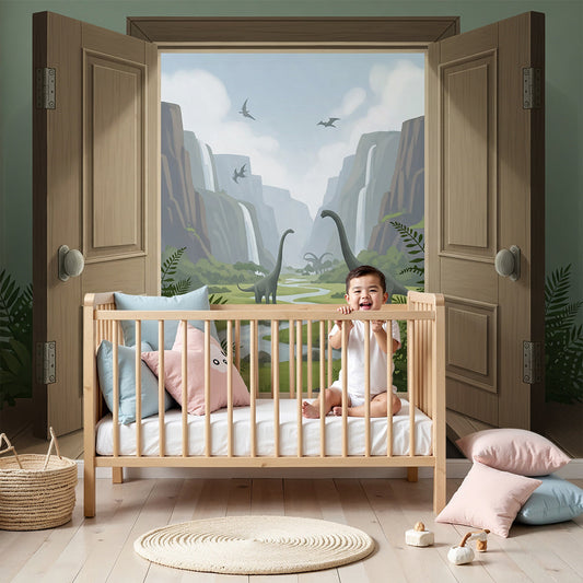 Kids-Mundo open door dinosaur valley wall mural in a soft green nursery with a crib.