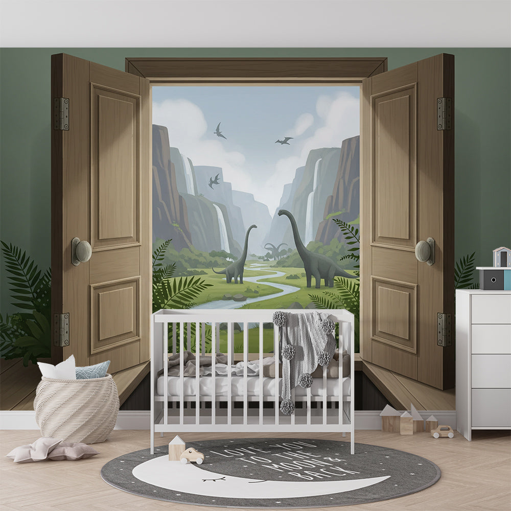 Kids-Mundo open-door dinosaur mural covering a wall in a lively children's playroom.