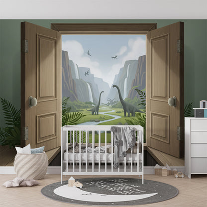 Kids-Mundo open-door dinosaur mural covering a wall in a lively children's playroom.