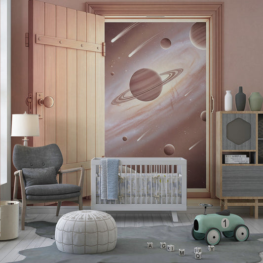 Kids-Mundo galaxy door wall mural covering a feature wall in a boys' kids bedroom
