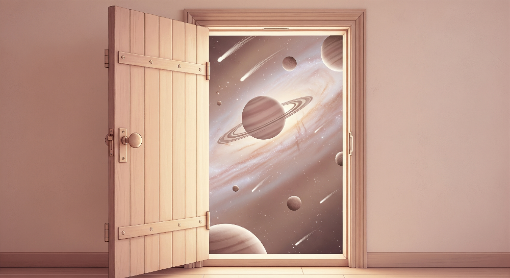 Open Door to a Ringed Planet Galaxy Wall Mural