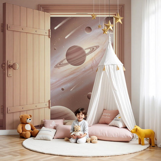 Open door galaxy wall mural by Kids-Mundo styled above a cot in a space-themed nursery