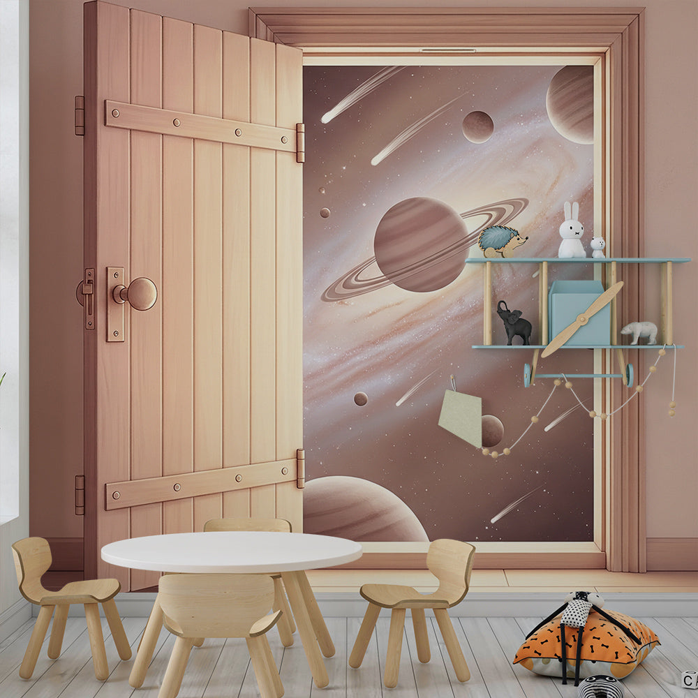 Ringed planet galaxy door wall mural from Kids-Mundo shown in a playful children's playroom