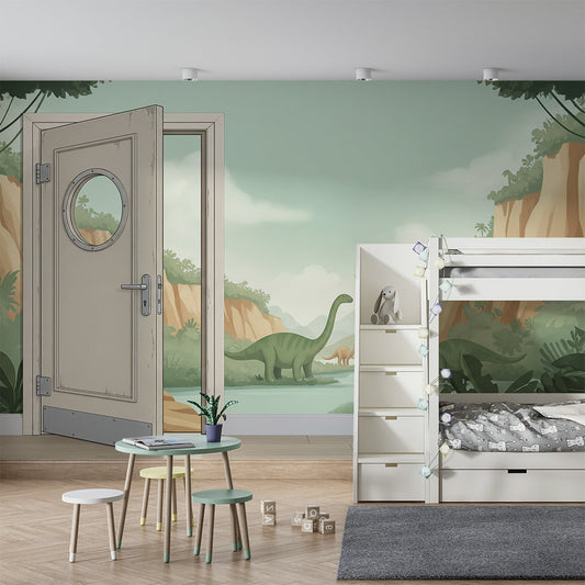 Kids-Mundo dinosaur doorway wall mural covering a child's bedroom feature wall.