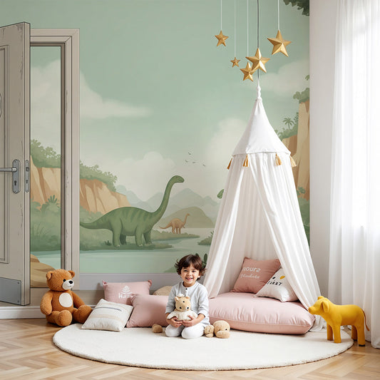 Kids-Mundo open door jungle dinosaur mural styled in a warm, inviting nursery room.