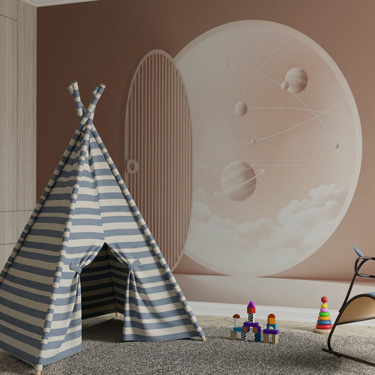 Kids-Mundo moon portal door mural as a dreamy feature wall in a kids' bedroom